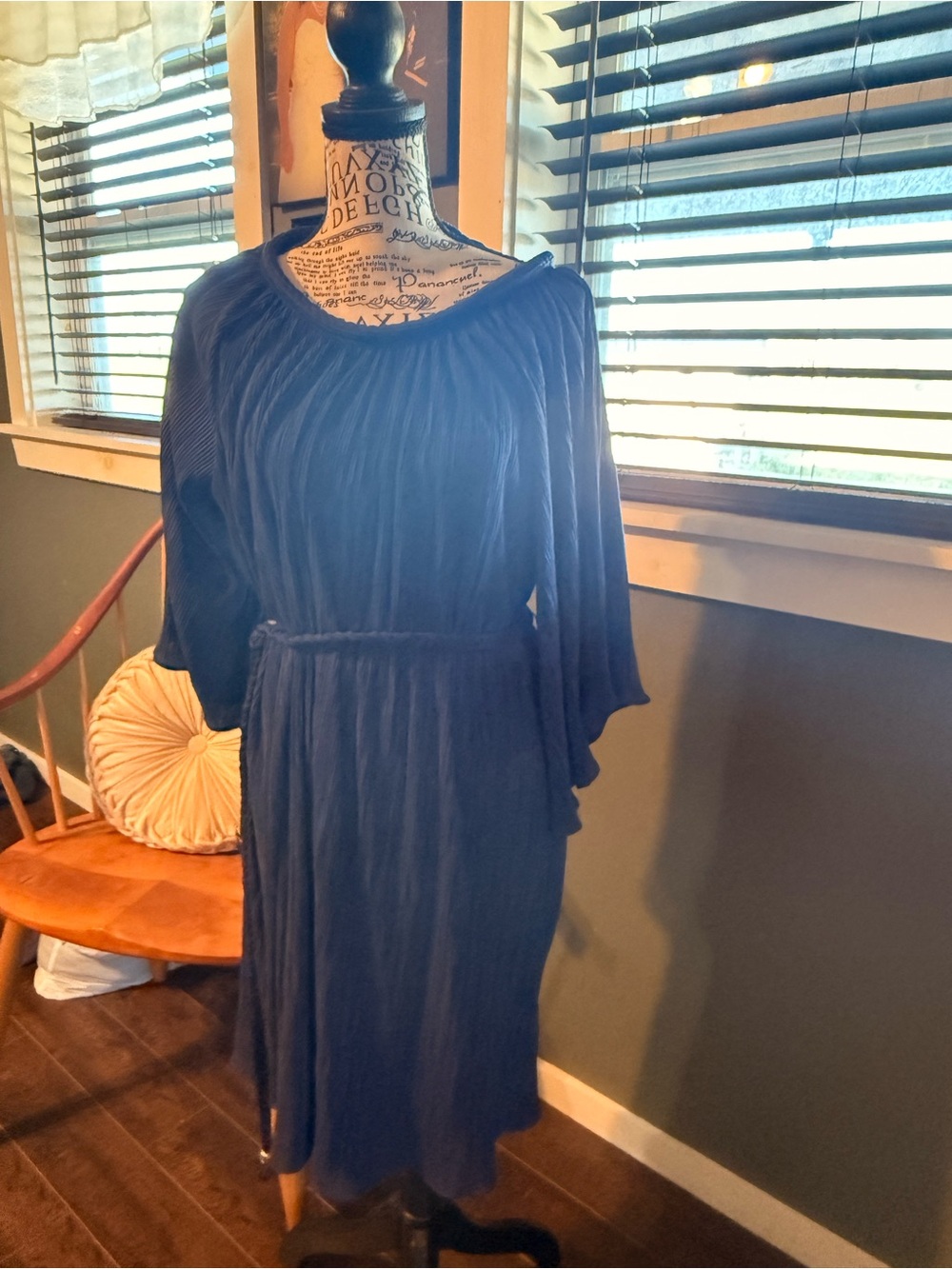 Michael Kors Navy Blue Pleated Midi Dress with Self Tie Belt